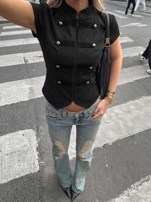 Aloruh Women's Elegant Double-Breasted Napoleon Cape Sleeve Jacket - Black - View 4