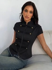 Aloruh Women's Elegant Double-Breasted Napoleon Cape Sleeve Jacket - Black - View 8