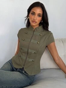 Aloruh Women's Elegant Double-Breasted Napoleon Cape Sleeve Jacket - Army Green - View 8