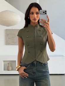 Aloruh Women's Elegant Double-Breasted Napoleon Cape Sleeve Jacket - Army Green - View 6