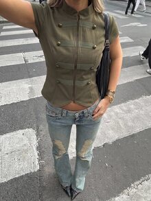 Aloruh Women's Elegant Double-Breasted Napoleon Cape Sleeve Jacket - Army Green - View 4