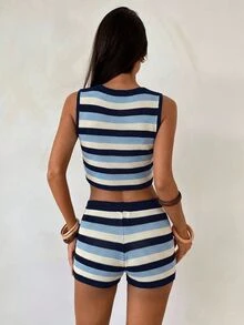 Aloruh 女款海軍藍與白色圓領短版針織背心與針織短褲套裝，海灘度假夏季沿海風休閒時尚 - 藏蓝色 - 查看 2