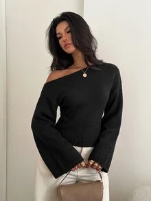 Aloruh 女款休閒秋季新款針織不對稱肩喇叭長袖上寬下窄花卉紗線針織衫，黑色，適合夜晚外出 - 黑色 - 查看 8