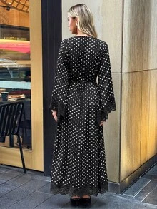 Aloruh 女款優雅方領收腰緞面派對度假黑白超長洋裝 - 黑色 - 查看 2