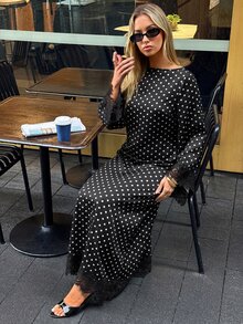Aloruh 女款優雅方領收腰緞面派對度假黑白超長洋裝 - 黑色 - 查看 7