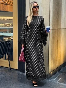 Aloruh 女款優雅方領收腰緞面派對度假黑白超長洋裝 - 黑色 - 查看 6