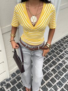 Aloruh 女款春夏新款V領寬鬆條紋短袖T恤，適合街頭穿搭與日常穿著 - 黃色 - 查看 4