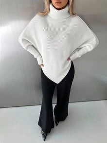 Aloruh 女款秋冬新款露肩交叉領白色超長毛衣，早午餐休閒風 - 白色 - 查看 5