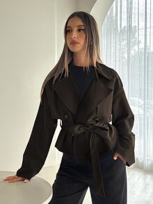 Aloruh 女款純色翻領長袖雙排扣風衣，深褐色，秋季優雅通勤款 - 棕色 - 查看 8