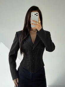 Aloruh 女款夏季新款黑色優雅性感時尚日常通勤約會辦公室晚餐浪漫高端蕾絲拼接西裝外套 - 黑色 - 查看 8