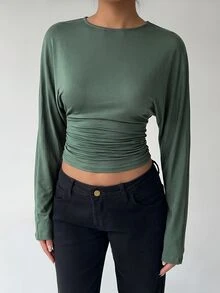 Aloruh 女款秋冬純色圓領修身腰部寬鬆上身緊身下身T恤 - 橄欖綠 - 查看 5