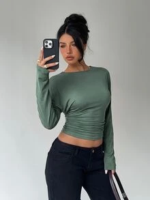 Aloruh 女款秋冬純色圓領修身腰部寬鬆上身緊身下身T恤 - 橄欖綠 - 查看 9