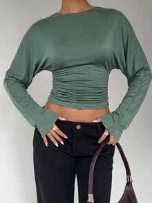 Aloruh 女款秋冬純色圓領修身腰部寬鬆上身緊身下身T恤 - 橄欖綠 - 查看 6