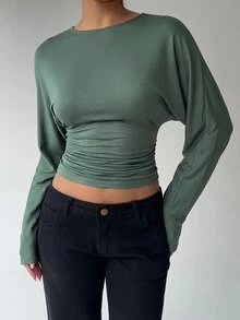 Aloruh 女款秋冬純色圓領修身腰部寬鬆上身緊身下身T恤 - 橄欖綠 - 查看 8