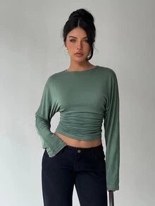 Aloruh 女款秋冬純色圓領修身腰部寬鬆上身緊身下身T恤 - 橄欖綠 - 查看 7