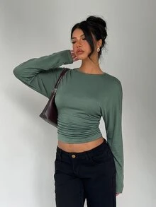 Aloruh 女款秋冬純色圓領修身腰部寬鬆上身緊身下身T恤 - 橄欖綠 - 查看 4