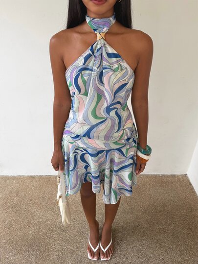 SHEIN BAE Women's Printed Halter Neck Cinched Waist Asymmetrical A-Line Mini Dress, Holiday Dress, Elegant Dress, Party Dress,Vacation Outfits Women,Graduation
