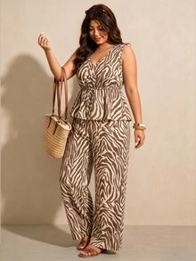 Melodosi Plus Size Women Zebra Print Ruched Top And Pants Casual 2 Pieces Set - Multicolor - View 4