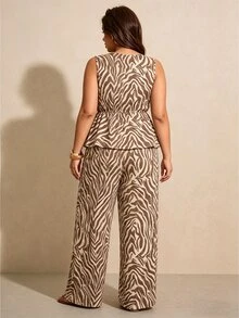 Melodosi Plus Size Women Zebra Print Ruched Top And Pants Casual 2 Pieces Set - Multicolor - View 3