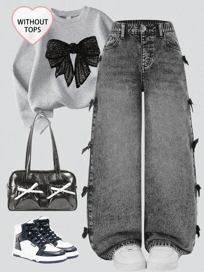 SHEIN Tween Girls Y2K Streetwear Grey Autumn Casual School Back-To-School Distressed Asymmetrical Waist Baggy Jeans With Bows,Soft Comfortable Denim Pants