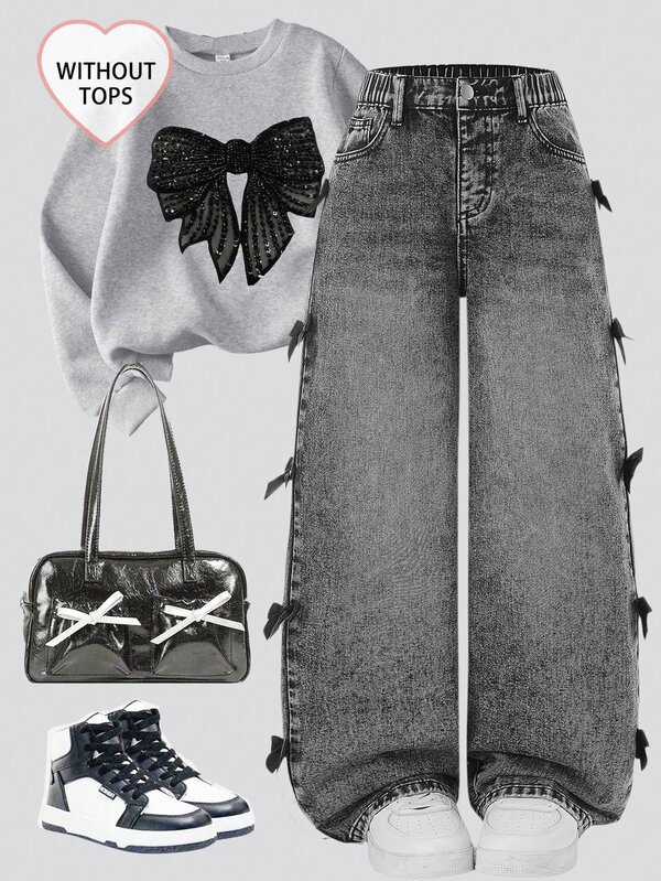 SHEIN Tween Girls Y2K Streetwear Grey Autumn Casual School Back-To-School Distressed Asymmetrical Waist Baggy Jeans With Bows,Soft Comfortable Denim Pants