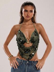 SHEIN X YERIMUA SHEIN BAE Women's Beach Vacation Lace Embroidered Beaded Halter Backless Top, Tank Suitable For Fashionable - Green - View 3