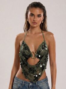 SHEIN X YERIMUA SHEIN BAE Women's Beach Vacation Lace Embroidered Beaded Halter Backless Top, Tank Suitable For Fashionable - Green - View 4