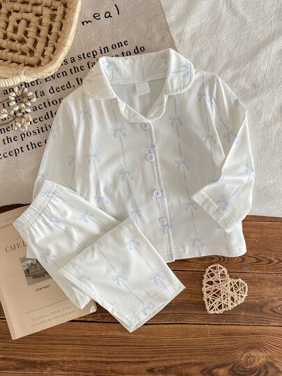 Baby Girls Pajamas 2 Piece Pajama Set White And Blue Floral Bow Print Long Sleeve Button Front Pants Sleepwear, Fall Autumn/Winter Cute Sleep Soft