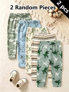 SHEIN Playful Pals 2件隨機款 男嬰可愛新套裝，舒適簡約柔軟休閒恐龍印花，迷彩男童長褲，日常穿搭褲，男孩喜愛的圖案禮物 - 彩色 - 查看 2