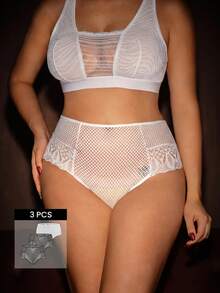 Bella Beso 3pcs/Set Plus Size Women Lace Patchwork Solid Color Hollow Cross Thong Panties - Multicolor - View 1