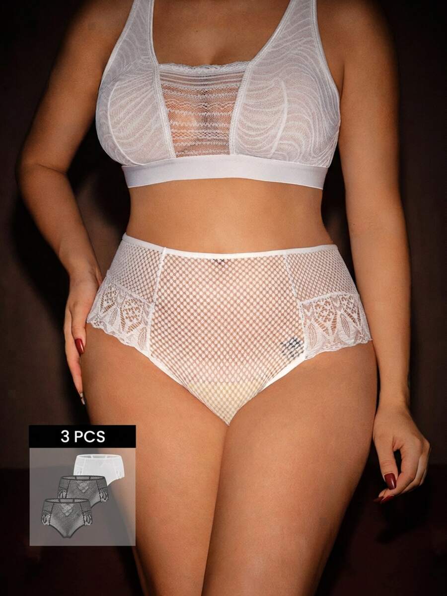 Bella Beso 3pcs/Set Plus Size Women Lace Patchwork Solid Color Hollow Cross Thong Panties - Multicolor - View 1