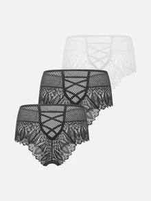 Bella Beso 3pcs/Set Plus Size Women Lace Patchwork Solid Color Hollow Cross Thong Panties - Multicolor - View 3