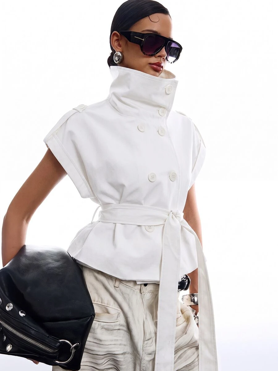 LYSMO White Double-Breasted Belted Trench Coat Jacket For Women - White - View 1