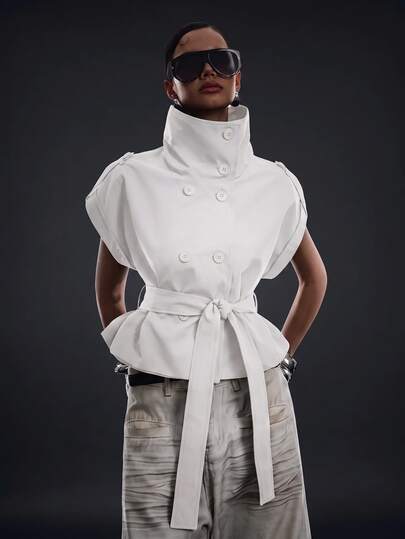 LYSMO White Double-Breasted Belted Trench Coat Jacket For Women