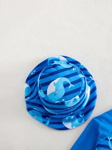 SHEIN 新生儿条纹海豚印花连体泳衣，沙滩/度假款 - 藍色 - 查看 6