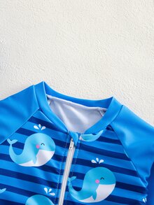 SHEIN 新生儿条纹海豚印花连体泳衣，沙滩/度假款 - 藍色 - 查看 4