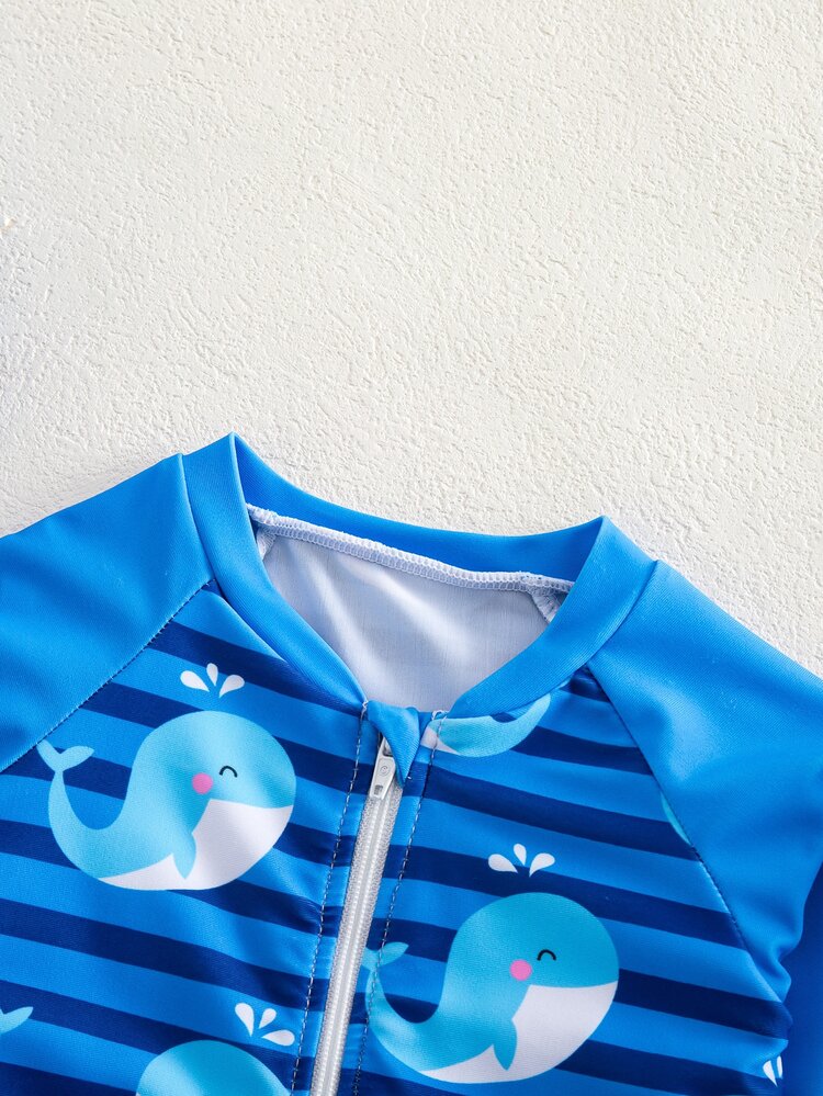 SHEIN Newborn Baby Striped Dolphin Print One-Piece Swimsuit, Beach/Holiday,Kids - Blue - View 4