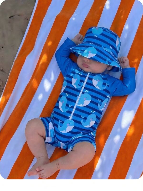SHEIN Newborn Baby Striped Dolphin Print One-Piece Swimsuit, Beach/Holiday,Kids