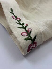 Omancia 女款復古刺繡襯衫，小立領V領短袖上衣，優雅通勤百搭上衣 - 杏色 - 查看 7