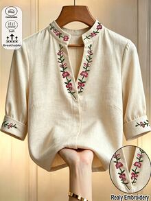 Omancia 女款復古刺繡襯衫，小立領V領短袖上衣，優雅通勤百搭上衣 - 杏色 - 查看 4