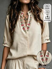 Omancia 女款復古刺繡襯衫，小立領V領短袖上衣，優雅通勤百搭上衣 - 杏色 - 查看 1