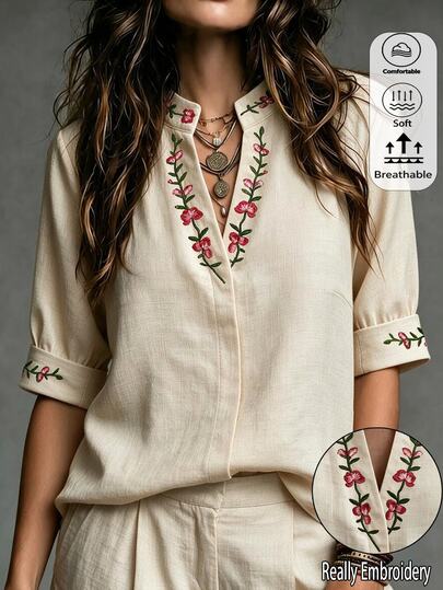 Omancia 女款復古刺繡襯衫，小立領V領短袖上衣，優雅通勤百搭上衣