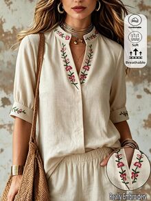 Omancia 女款復古刺繡襯衫，小立領V領短袖上衣，優雅通勤百搭上衣 - 杏色 - 查看 6