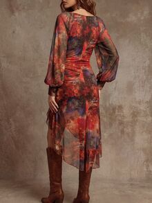 SHEIN Gaun Bodycon Gaya Boho Seksi Musim Gugur/Dingin, Motif Lukisan Minyak Cokelat Tua, Jala Gradien, Leher V Dalam, Lengan Mengembang Berkerut, dan Hem Asimetris. - Burnt Orange - View 4