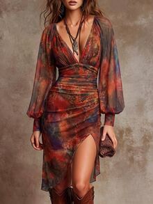 SHEIN Gaun Bodycon Gaya Boho Seksi Musim Gugur/Dingin, Motif Lukisan Minyak Cokelat Tua, Jala Gradien, Leher V Dalam, Lengan Mengembang Berkerut, dan Hem Asimetris. - Burnt Orange - View 9