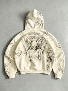 ROMWE MEN 2026 Autumn/Winter New Men's Pullover Hoodie With Printed Pattern, Street Style Brand Sweatshirt, Unisex Couple Style, Women's Winter Top - Apricot - View 2