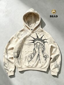 ROMWE MEN 2026 Autumn/Winter New Men's Pullover Hoodie With Printed Pattern, Street Style Brand Sweatshirt, Unisex Couple Style, Women's Winter Top - Apricot - View 6