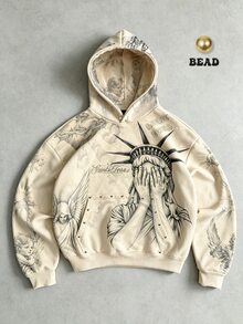 ROMWE MEN 2026 Autumn/Winter New Men's Pullover Hoodie With Printed Pattern, Street Style Brand Sweatshirt, Unisex Couple Style, Women's Winter Top - Apricot - View 1