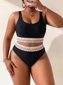 Shapewave Plus Size Summer Beach Vacation Wavy Striped Sexy Curve Fashion Bikini Two-Piece Swimsuit Set White - Black - View 7