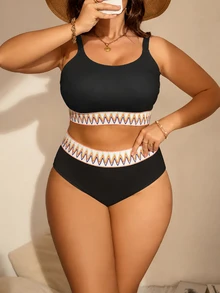 Shapewave Plus Size Summer Beach Vacation Wavy Striped Sexy Curve Fashion Bikini Two-Piece Swimsuit Set White - Black - View 2